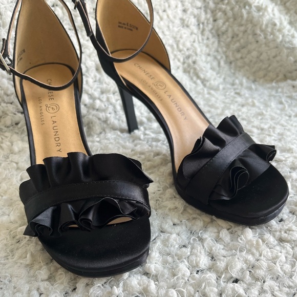 Chinese Laundry Black Satin Ruffle Strap Heel - 6 - Picture 2 of 6